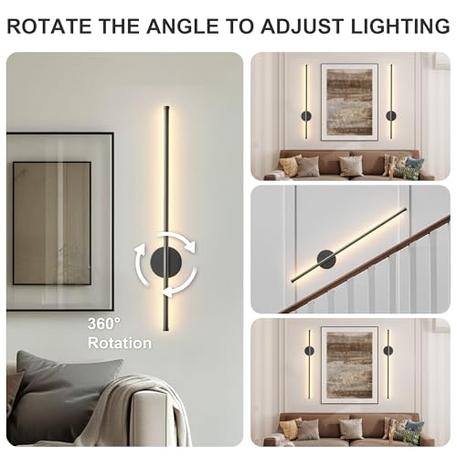 Image of Battery Operated Modern Wall Sconces Set of Two,Rechargeable Wireless Wall Lights with Remote Control,Dimmable,3CCT,Timer,360Rotation,Cordless Lighting for Bedroom,Living Room,Hallway,Black,27.6 Inch