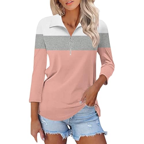 Image of Women's 1/4 Zip Polo Shirts Ladies 3/4 Sleeve Stand Collar Golf Tennis Blouses Business Casual Basic Tops (A02-Pink, L)