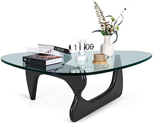 eChamp Noguchi Table Triangle Glass Coffee Table Vintage Glass End Table, Solid Wood Base and Triangle Clear Glass Top Modern End Table for Living Room, Patio, Study (Black)