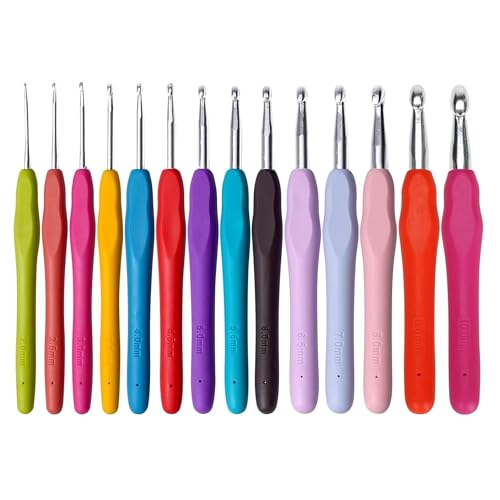 14 Pcs Crochet Hooks Set,Crochet Hooks Sets for Beginners,Colorful Ergonomic Rubber Soft Grip Handle,Ergonomic Needles Best for Women