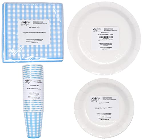Light Blue And White Gingham Party Supplies Tableware Set 24 9" Plates 24 7" Plate 24 9 Oz Cups 24 Lunch Napkins For Checkered Plaid Picnic Barbecue Birthday Party Disposable Dinnerware Paper Goods #TOP6