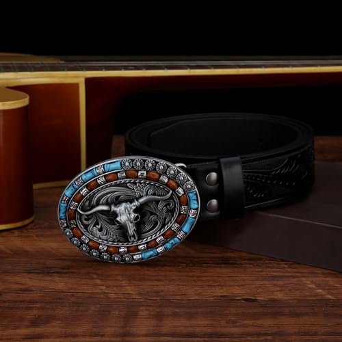 Image of Mens Western Cowboy Cowgirl Faux Leather Belt Longhorn Bull Pattern Letter Big Buckle Embossed Floral Belts