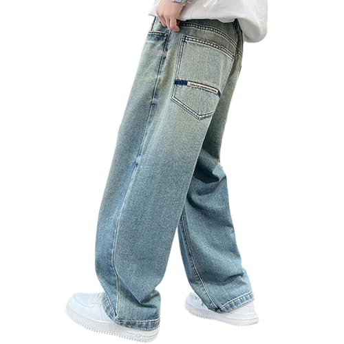 Boys Baggy Denim Pants Straight Wide Leg Cargo Jeans Casual Elastic Waist Loose Fit Pants Y2K Streetwear with Pockets4