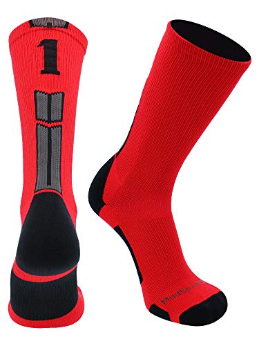 Image of MadSportsStuff Red and Black Player ID Custom Number Crew Socks for Basketball Lacrosse Volleyball Boys and Girls, #13, Medium
