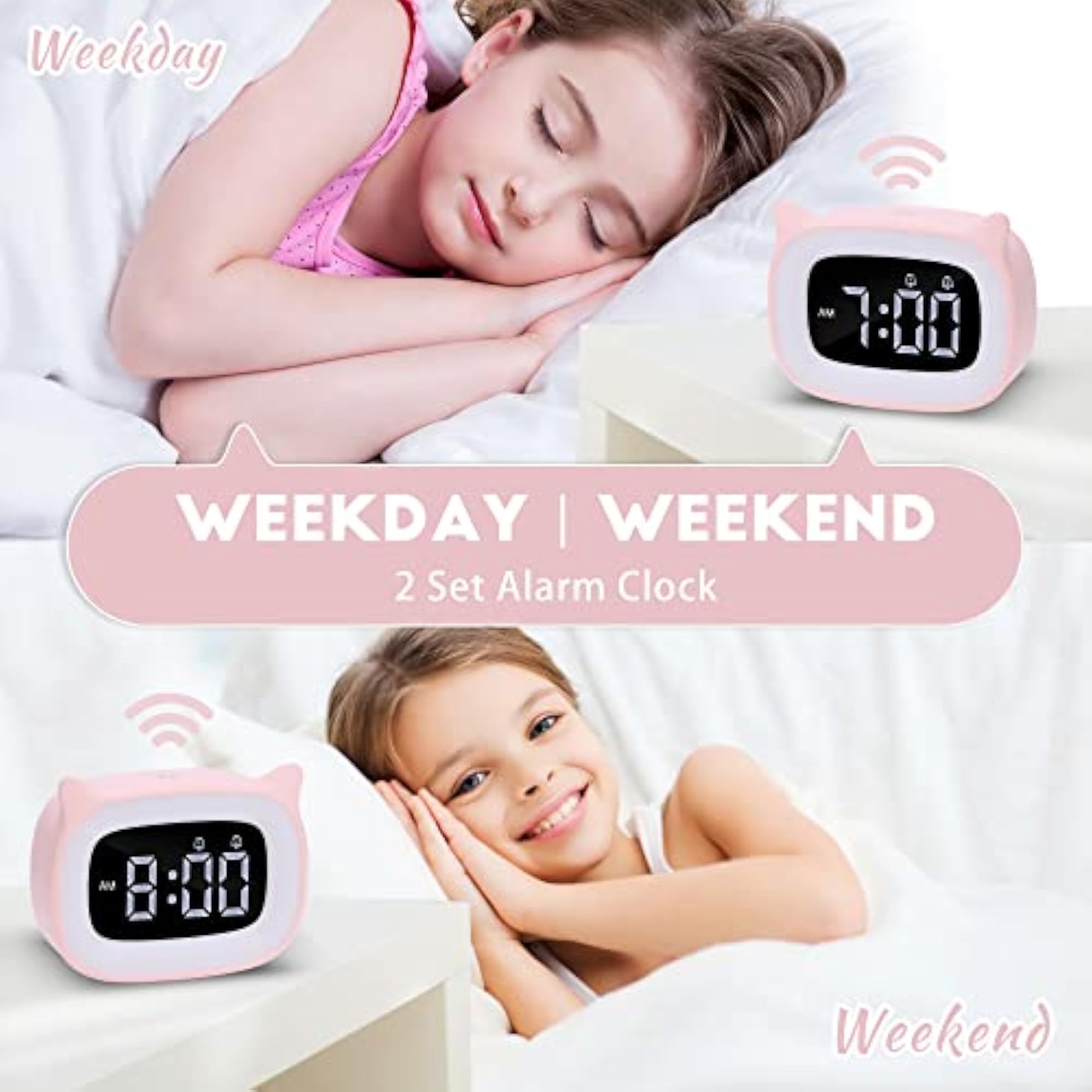 Cute Cat Alarm Clock with Night Light for Kids