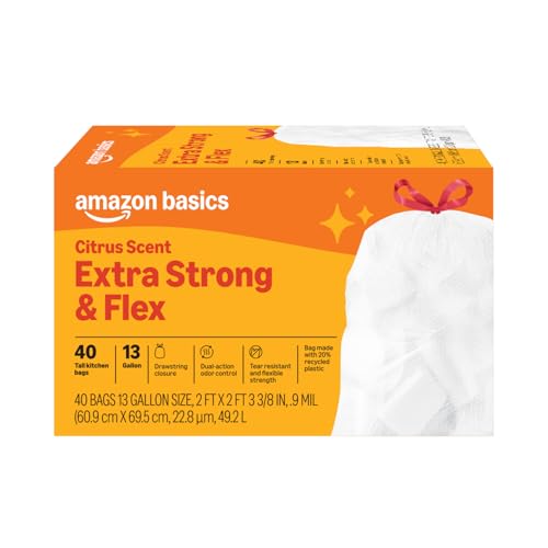 Amazon Basics Extra Strong & Flex Tall Kitchen Drawstring Trash Bags, Citrus Scent, 13 Gallon, 40 Count
