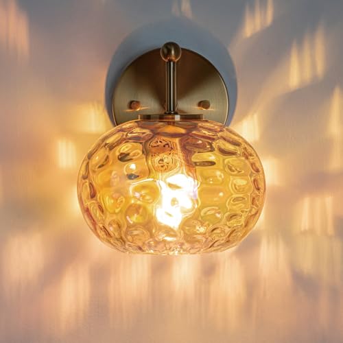 Image of Gold Wall Sconce Light Amber Hammered Glass Vanity Lighting Brushed Brass Champagne Wall Lamp for Bathroom Over Mirror