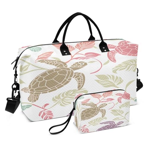Travel Duffle Bag Weekender Bags Overnight Bag with Toiletry Bag Gym Duffel Bag Multicolor Turtles and Tropical Leaves for Travel Business Trips Sport