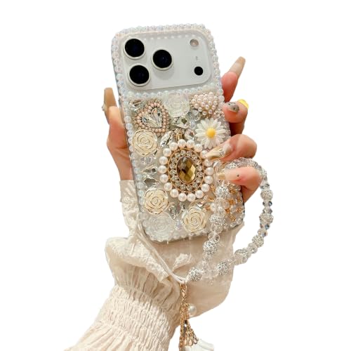 iFiLOVE for iPhone 18 Pro Bling Diamond Case with Flower Strap (White)