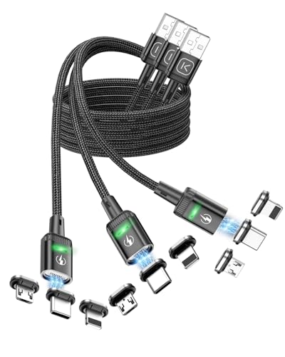 Kuulaa 3Pack Magnetic Charging Cable Magnetic Lightning Cable Magnetic Phone Charger 3A Fast Charging with 3 in 1 Charging Tips Nylon-Braided Phone Cable Compatible for iProduct/Type C/Micro Device