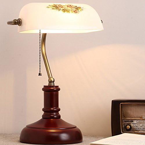 Desk Lamp Traditional Banker’s Table Lamp, Antique Style White Glass Desk Light, Metal Beaded Pull Cord Switch Attached， E27 Screw Mouth Night Light