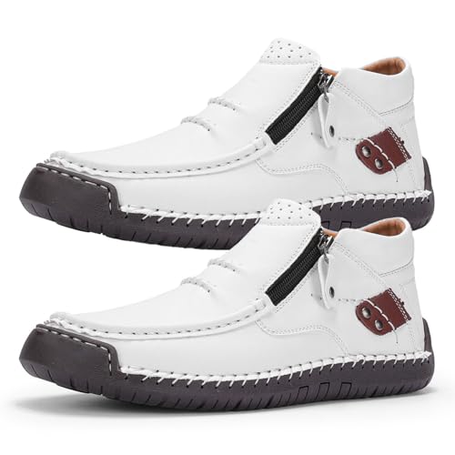 Tuthrav - Zapatos de conducción de cuero para hombre, hechos a mano, botas de conducción de cuero de primera calidad, puntera ancha, soporte de arco, White, 47 EU