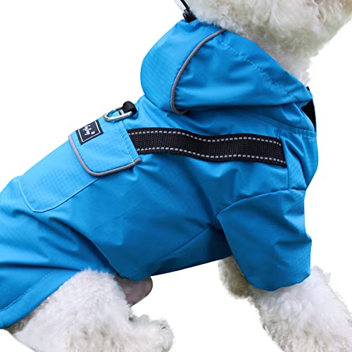 JoyDaog Regenmantel für extra kleine Hunde mit Kapuze, wasserdichte Outdoor-Regenjacke für Hunde, Welpen-Regenmantel mit Taschen, Blau, XS