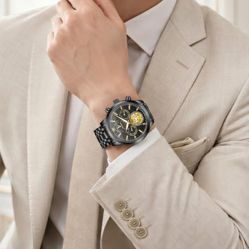 Image of OLEVS Automatic Watches for Men Luxury Dress Calendar Moon Phase Skeleton Mechanical Men's Watch Stainless Steel Waterproof Luminous Self Winding Wrist Watch Gold /Blue /Silver /Black Dial