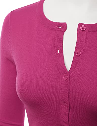 LALABEE Women's 3/4 Sleeve Crewneck Button Down Knit Sweater Cardigan Magenta 3XL - Thumbnail 4