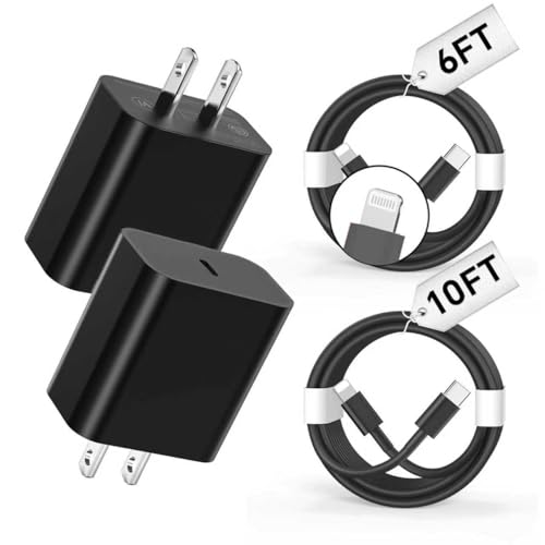 Riofxqin Phone Charger Fast Charging,【MFi Certified】 2-Pack 20W USB-C Wall Charger with 1-Pack 6FT/10FT Fast Charging Type-C to Liightning Cable for Phone 14/13/12/11/Plus/Pro/Pro Max/Mini/Pad(Black)