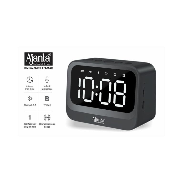 Image of Ajanta Digital Alarm Clock Bluetooth Speaker with LED Display, Bluetooth 5.3, Dual Alarm, TF Card Support, Built-in Mic, Type-C Rechargeable, Auto Time Sync, 8 Hour Playtime (Black.)