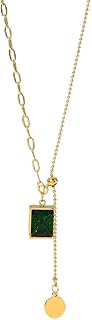 Asymmetrical Gold Necklace for Women Green Rectangle Stone Pendant with Layered Chain Trendy Minimalist Fashion Jewelry Gift