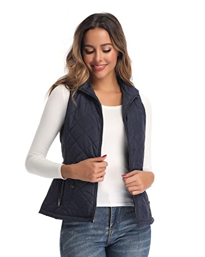 Longking Women's Vest, Stand Collar Lightweight Zip Quilted Vest For Women Dark Blue L #TOP1