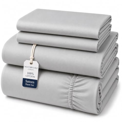 Westbrooke 475 Thread Count 100% Long Staple Cotton Sateen Sheet Set, Twin 3 Piece Bedding Set Silky Soft, Smooth & Breathable Cotton Sheets with 15.5" Deep Pocket Luxury Sateen Finish Light Grey