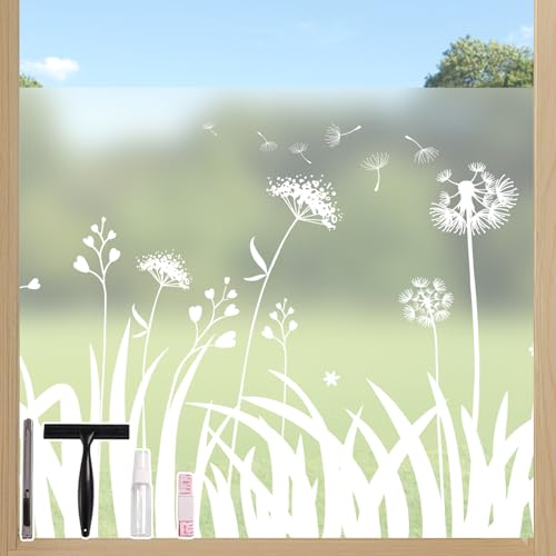 Conkov Window Film Translucent Frosted Privacy Film, Vinyl, Self Adhesive, Reusable Decorative Glass Film for Kitchen, living room, badroom, Dandelion Pattern，44.5 x 200 cm with Tool