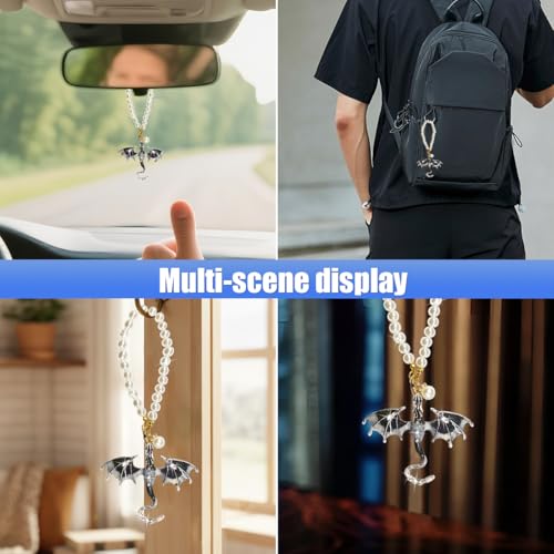 KPFILEH Bling Dragon Car Rear View Mirror Charm, Retro Dragons Automotive Hanging Pendant, Fantasy Rhinestone Pearls Vehicle Mirrors Ornament, Auto Interior Decoration Accessories (Blackwhite) - Thumbnail 6