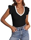 PRETTYGARDEN Womens V Neck Summer Tops Ruffle Sleeveless Slim Fit T Shirts Going Out Casual Blouses 2025 (Black White,Small)