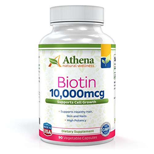 Athena - Biotin Vitamin 10,000mcg - Supports Healthy Hair, Skin and Nails - Suitable for Vegetarians - 90 Vegetable Softgels Capsules Supplement