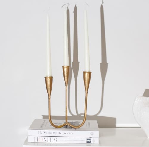 Moderner 3-armiger Kandelaber-Halter, Gusseisen-Metall-Kerzenleuchter, 24,1 cm hoch, Kerzenständer, Kerzenständer, Messing Gold, Kerzenständer,...