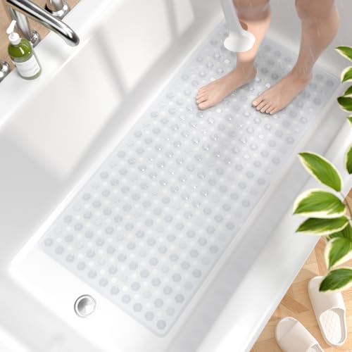 HITSLAM Bath Mat Non Slip Anti Mould, 89 x 40 cm Long Non Slip Shower Mat for Inside Shower, Machine Washable Bathroom Bathtub Mat with Strong Suction Cups and Drain Holes, Soft on Feet, Clear
