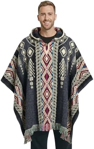 Wool Poncho Adult Ponchos With Hood for men Alpaca Poncho Men Art...