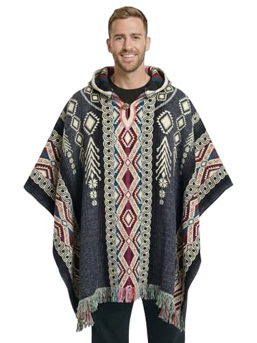 Image of Wool Poncho Adult Ponchos With Hood for men Alpaca Poncho Men Artesanal Ponchos Adult Alpaca Mens Panchos