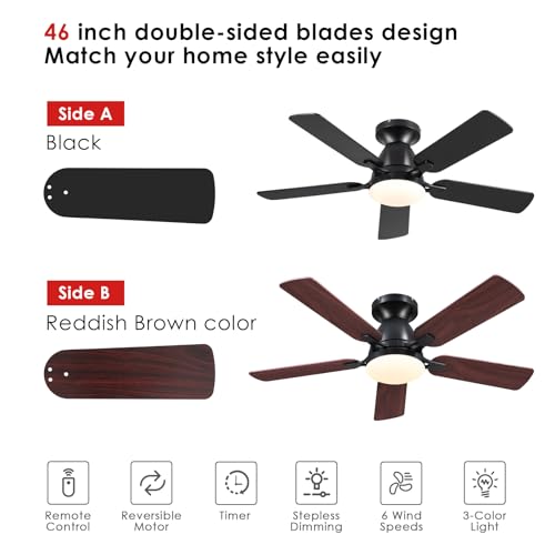 Mpayel 46 Inch Ceiling Fans with Lights and Remote, Black Ceiling Fan with Light Flush Mount, Low Noise, Reversible, Dimmable, Modern Low Profile Ceiling Fan with Light for Bedroom Indoor Outdoor by Mpayel - Image 7