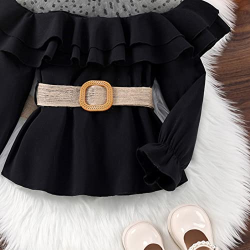 Kids Toddler Girls Solid Bowknot Long Ruffled Sleeve Patchwork Mesh Solid Tops Blouse with Belt Girls (Black, 7-8 Years)2