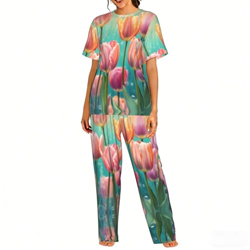 Pyjama tulipes rouges pour femme ensemble de nuit doux