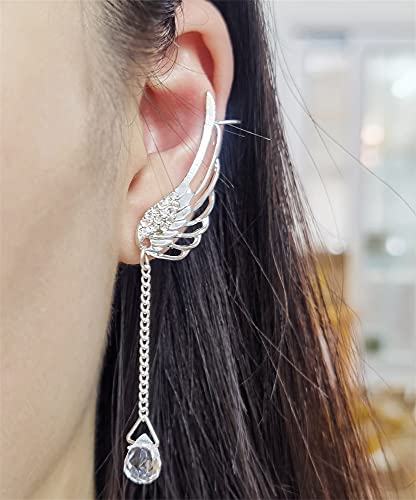 Dainty Angel Wing Ear Cuffs Crawler Climber Studs Earrings For Women Girls Silver Plated Cubic Zircoina Teardrop Tassel Chain Drop Dangle Cartilage Elegant Birthday Wedding Party Christmas Jewelry #TOP1