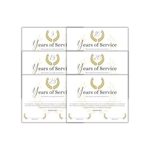 Years of Service Recognition Awards 5, 10, 15, 20, 25 and Left Blank to Write in 30pk 5 of Each Work Community Service Volunteer Certificate Company Recognition