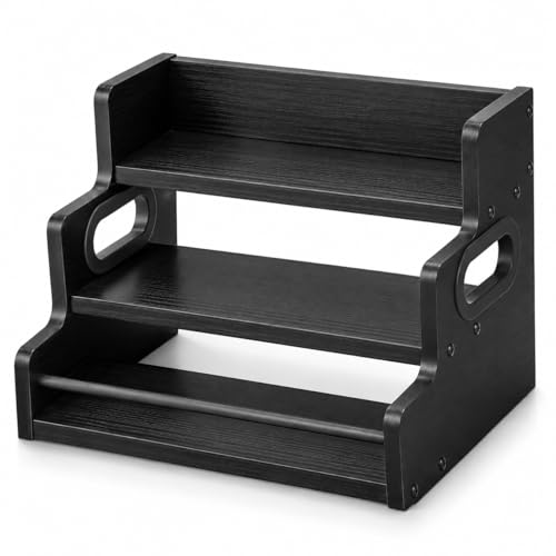 3 Tier Spice Rack Organizer for Cabinet, Wood Spice Shelf Storage, Kitchen Seasoning Organizer for Kitchen Countertop or Pantry, Spice Bottles, Bottles, Black