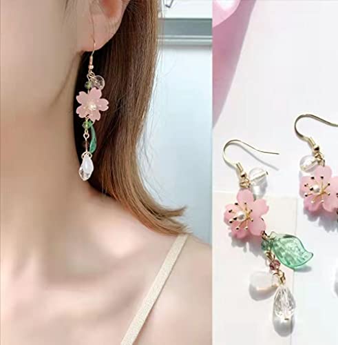 Pink Flower Earrings, Sakura Petal Fringe Flower Dangle Drop Earrings Cute Pearl Leaf Sakura Leaf Earrings Fairy Statement Summer Refreshing Seaside Idyllic Holiday Earrings For Women Teen Girls (B) #TOP1