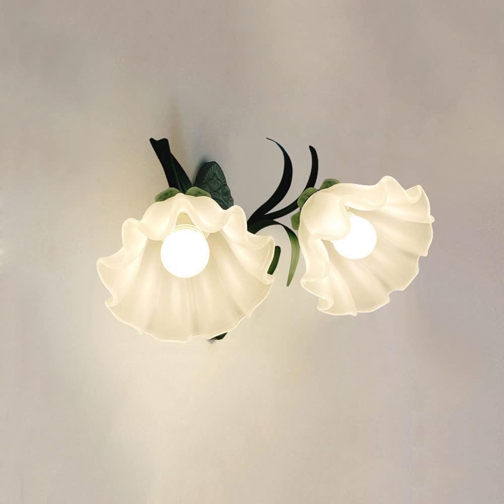 VGTLAKEX Wall Light Glass Wall Sconce Green Metal Sconces Lighting 2-Light Lamp Flower Lights for Living Bedside E14 Headboard Lamps