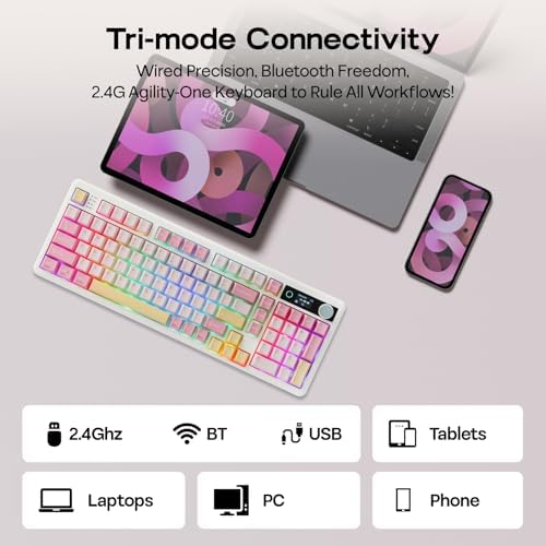 EPOMAKER TH99 PRO 96% Mechanical Keyboard with Screen & Knob, 10000mAh, 2.4Ghz/BT, Hot Swap, Custom Driver, RGB Backlight, PBT Keycap, Wireless Gaming Keyboard for PC/Mac (Pink, Sea Salt Silent) - 4