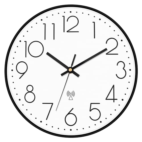 Foxtop Atomic Wall Clock Battery Operated Round Analog Modern Wall Clock Sets Automatically for Office Classroom Bedroom Kitchen Living Room (Black)