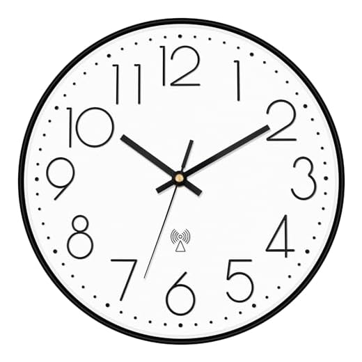 Foxtop Atomic Wall Clock Battery Operated Round Analog Modern Wall Clock Sets Automatically for Office Classroom Bedroom Kitchen Living Room (Black)