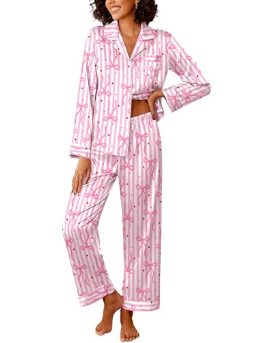 Image of Ekouaer Womens Silk Satin Pajama Sets 2 Piece Sleepwear Pjs Set Long Sleeve Button Down Top and Pants Stripe Loungewear S-XXL