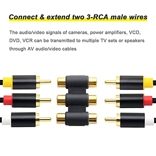 DKARDU 3-RCA Female to Female Coupler Adapter, Audio Video Jacks to Jacks Barrel Connector for Speaker,RCA Cable, Amplifier-Red/Yellow/White (6 Pack)