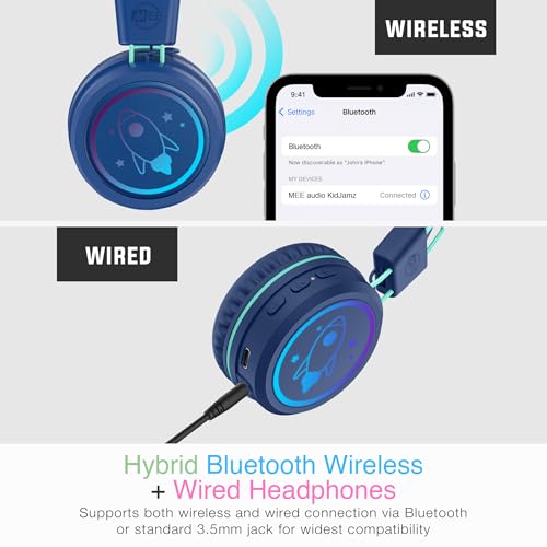 Image of MEE audio KidJamz KJ55BT Personalized Bluetooth Wireless Safe Listening Headphones for Kids w /Custom LED-Backlit Design, Volume Limiter, Microphone; Kids Headset for School /iPhone /iPad /Tablet (Blue)