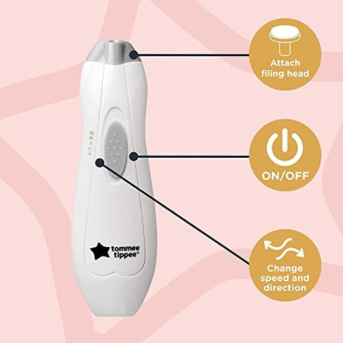 Tommee Tippee Elektryczny obcinacz do paznokci dla dzieci, akumulator, 6 w 1 ze światłem LED, bezpieczny i cichy silnik, zestaw manicure dla niemowląt i dorosłych, 0-12 miesięcy+
