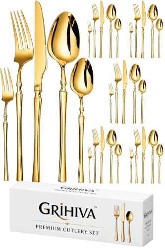 Image of 30 Pcs Gold Cutlery Set for Dining Table the Perfect Lightweight Silim Handle Tableware Including Dinner Spoon, Dinner Fork, Dinner Knife, Dessert Spoon & Dessert Fork