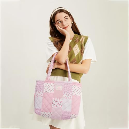 Image of Floral Quilted Cotton Shoulder Bag for Women Daily Use Medium Size Handbag Large Capacity Thickened Design Tote