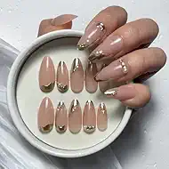 24PCS Press On Nails Long Almond – Nude Pink with 3D Gold Chrome Lines, Luxury Reusable Glue On Fake Nails, Metallic Design Press-Ons for Office, Wedding & Gala
